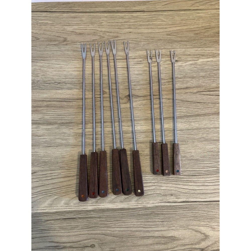 Lot of 9 Vintage MCM Danish Modern Teak Stainless Steel Fondue Forks Japan